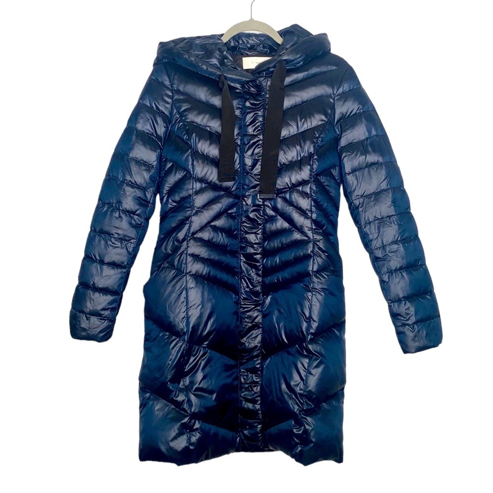 T Tahari Women's Blue Long Puffer Jacket Down-Filled Lightweight size Small